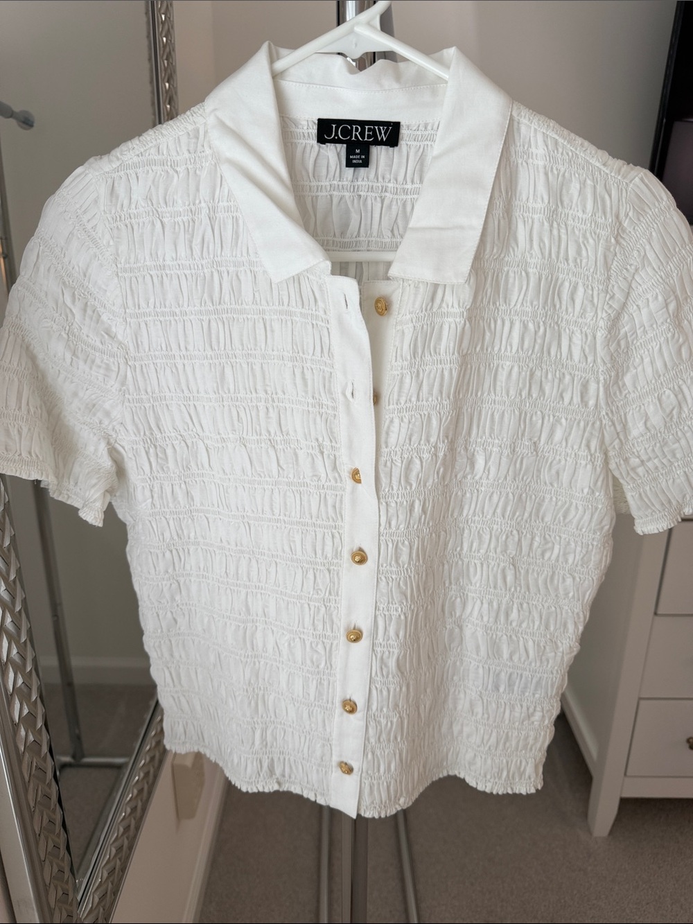 J. Crew White Short-Sleeve Textured Button-Down with Gold Buttons